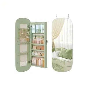 【Springtok】SONGMICS Jewelry Organizer, LED Jewelry Cabinet Wall or Door Mounted, Lockable Rounded Wide Mirror with Storage, Interior Mirror