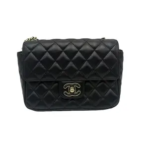 Pre-owned CHANEL hz8 Mini Classic Flap with Enamel CC Turnlock and Pearl Details – Black Lambskin, Silver tone Hardware 70965