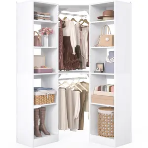 Corner Closet System with 12 Shelves, 40" Large Corner Closet Organizer System with 2 Hanging Rods, Versatile 6-Tier Walk-in Closets for Corner Space, White
