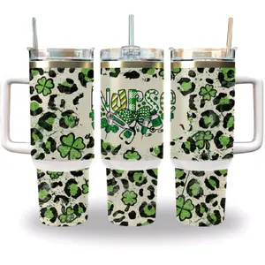 St. Patrick's Day Nurse Tumbler 40oz - Cheetah Print & Lucky Shamrocks, Stainless Steel Cup with Handle & Straw - Bottle, Drinkware Flasks Stylish