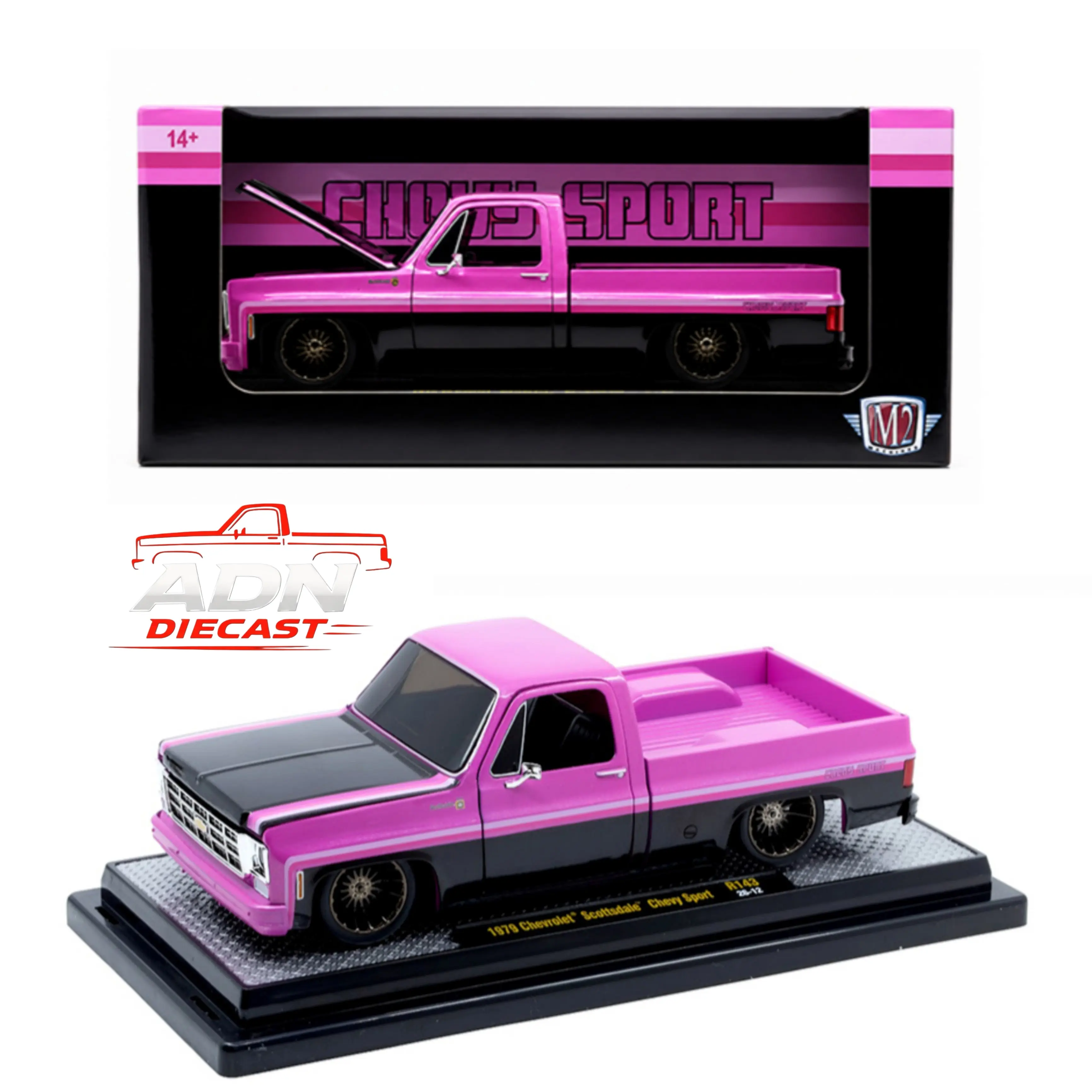 M2 Machines 1:24 1979 Chevrolet Scottdale Chevy Sport – Black Pink – Release 143B - Diecast