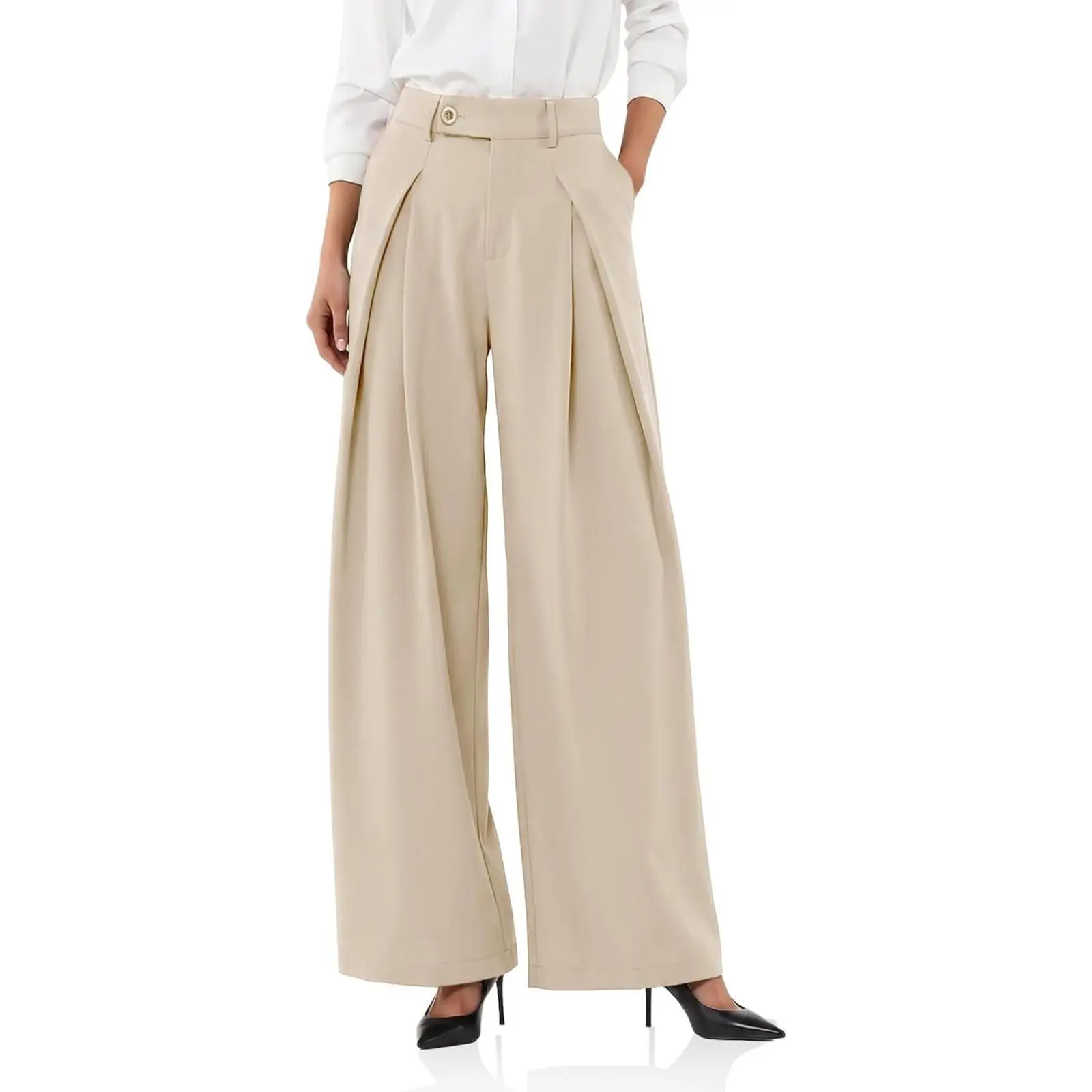 Cicy Bell Women's High Waisted Pleated Wide Leg Dressy Pants - Elegant, Basic, Breathable Blend, Back Elastic Waist, Tall Pants, Loose Baggy Work Office Slacks With Pockets (Wear To Work, Casual Business)