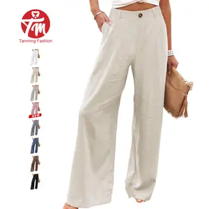 Tanming Women's High Waisted Wide Leg Linen Pants Casual Button Up Cotton Trousers for Summer Loose Comfy Beach Pants