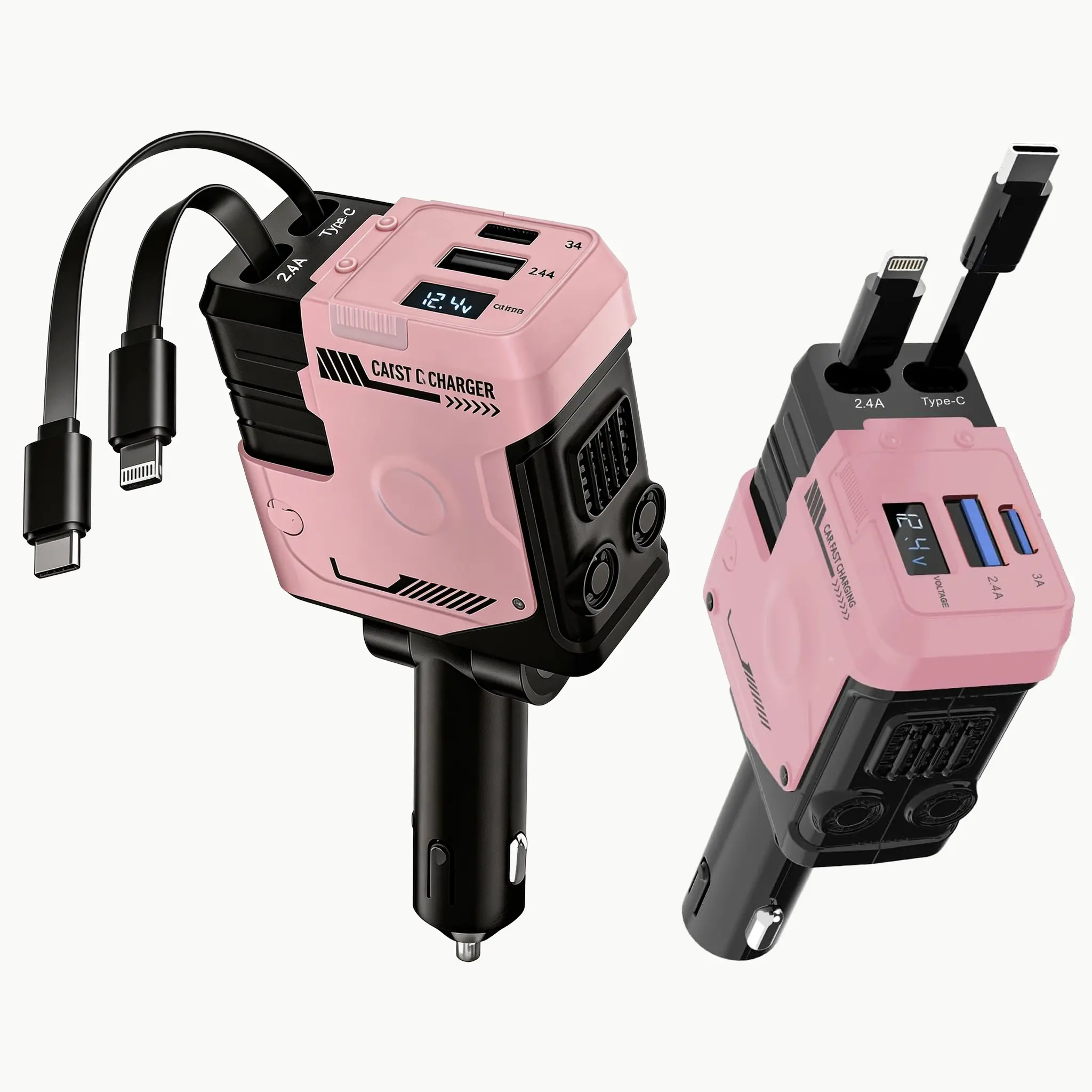 New Racktodoor 4-in-1 Fast-Charging Car Charger, High-Speed Car Charger with Dual Expansion Cables and Digital Display, 66W Retractable Multi-Phone Car Charger, voltage monitor Compatible with iPhone, Samsung and iPad