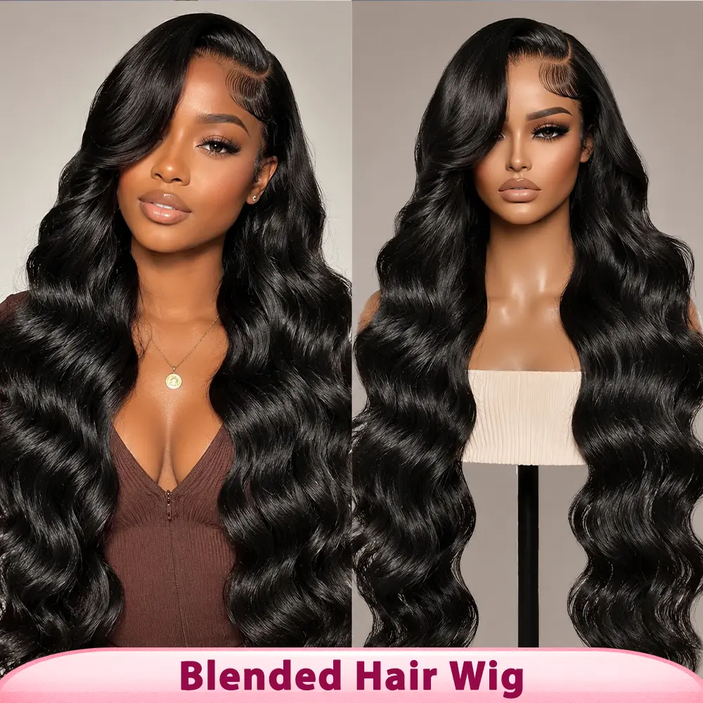 Body Wave Synthetic Human Hair Blend Lace Front Wig, 13x6 HD Lace Glueless Wear And Go Wig, Pre Plucked Natural Hairline with Baby Hair, Natural Black middle part synthetic heat Deep Wave Wig lace lace hairline wig wavy long
