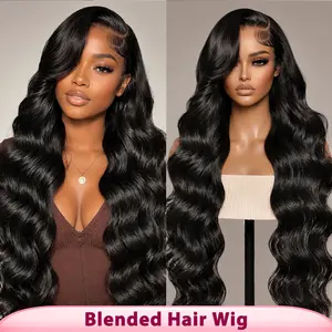 Body Wave Synthetic Human Hair Blend Lace Front Wig, 13x6 HD Lace Glueless Wear And Go Wig, Pre Plucked Natural Hairline with Baby Hair, Natural Black