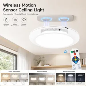 Rechargeable Motion Sensor Ceiling Light, 4000mAh Wireless Magnetic LED Light with Remote Control, 3 Color Temperatures, Stepless Dimming and Timer for Closet, Hallway, Bedroom, Stairway and Bathroom
