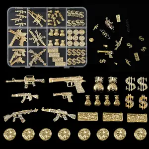 12 Grids Box Set 63pcs  nail tech must haves  New Stylish Nail Art Jewelry Decor, Gold Gun & Wallet Metal Accessories Supplies