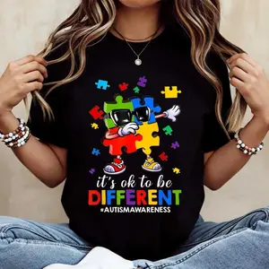 Autism Puzzle Piece Character Wearing Sunglasses with Cool to Be Different Message Short Sleeve Casual T Shirt for Autism Awareness