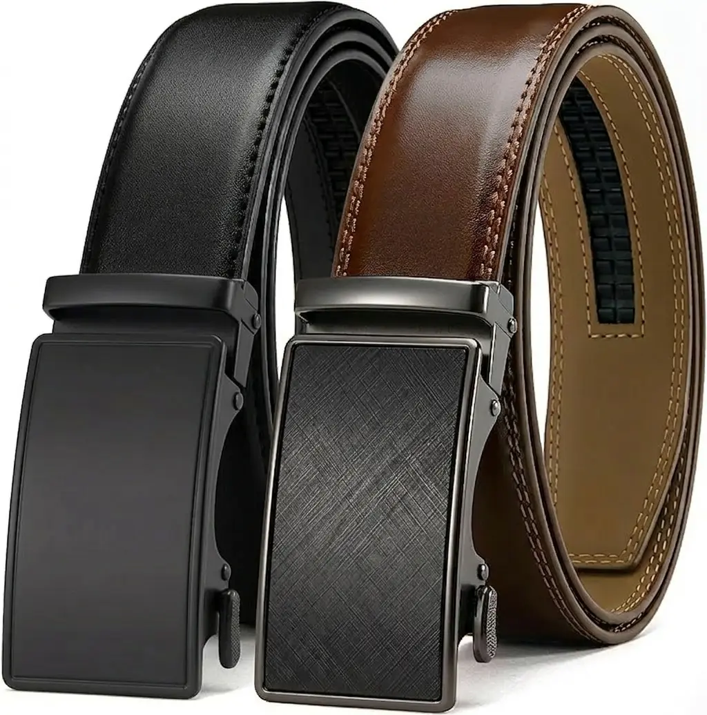 HAGIG Men's Ratchet Belt 2 Pack Leather Adjustable -Cut for Perfect Fit