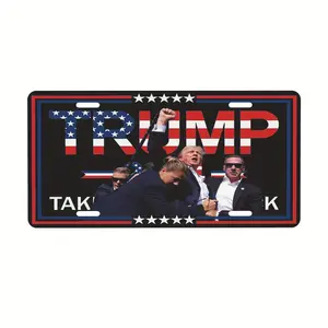 Trump Patriotic Aluminum License Plate - 6x12" Decorative Metal Car Tag with American Flag & Raised Fists Design, Novelty Front Plate for Vehicles, for Trump 2024