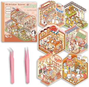 Mother's Day Gift  DIY 3D Sticker Scene Collection Book for Stress Relief - 6 Sets of Make Your Own Mini Shop Scenes Stickers for Girls Kids Adult Sticker Therapy Cute Animal Stickers for Birthday Easter Gift (A Set)
