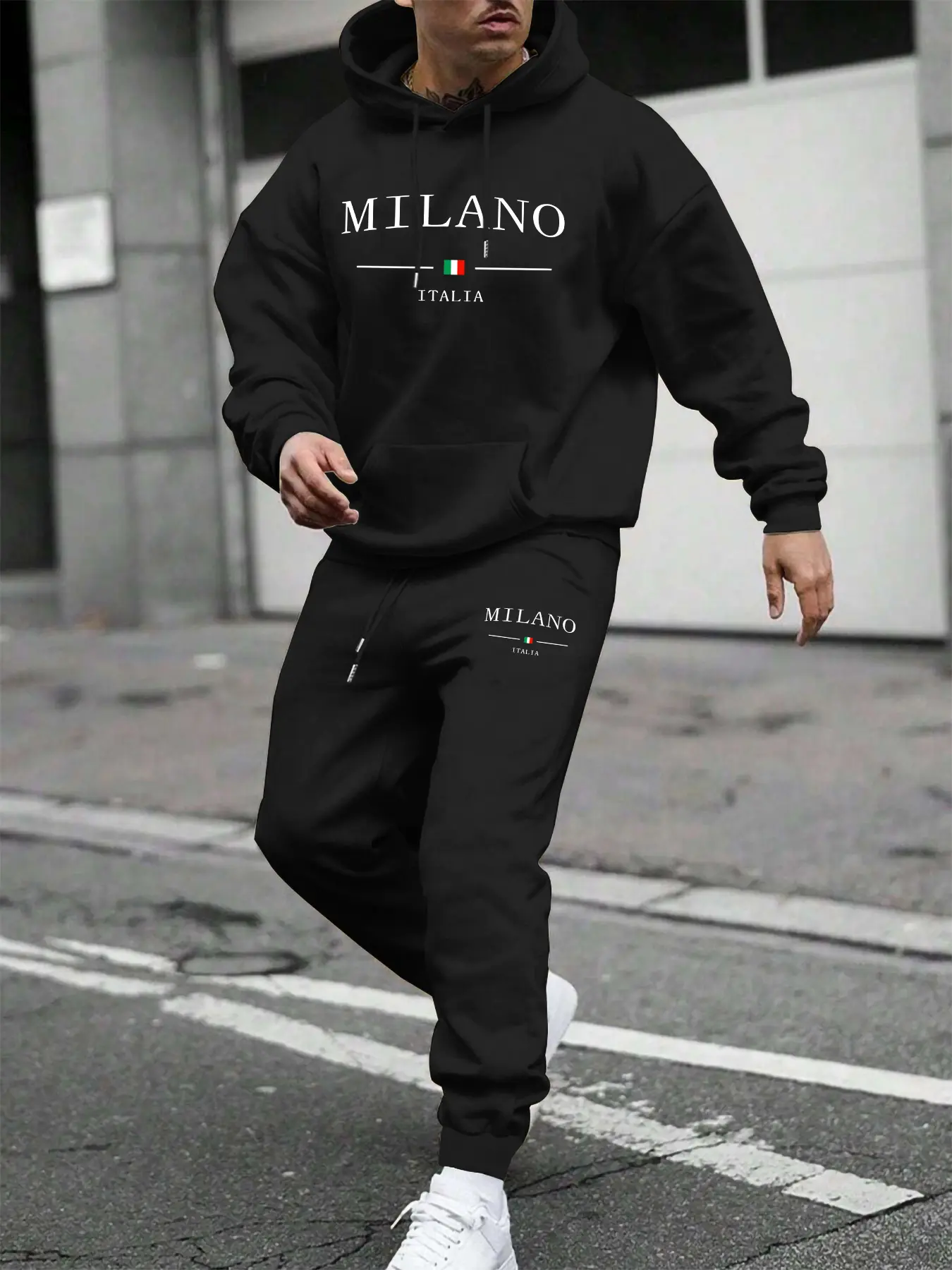 Men's Milan City Print Hoodie Set, Long Sleeve Casual Comfortable Sweatshirt and Sports Pants, Geometric Pattern, Spring & Fall