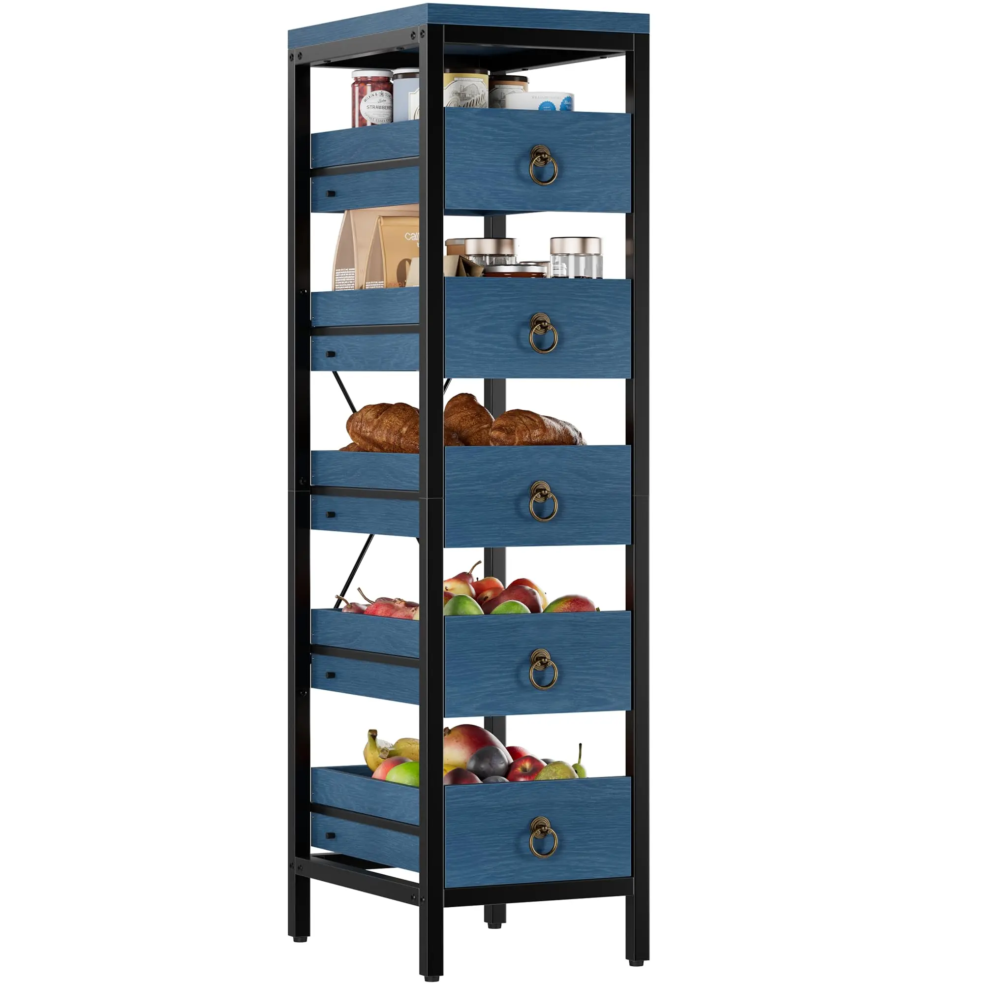 Garvee Kitchen Fruit Vegetable Storage Rack, 5-Tier Narrow Snack Fruit Display Stand with 5 Pull-Out Drawers Basket, Utility Organizer Standing Shelf for Kitchen Living Room Bathroom Supermarket, Blue