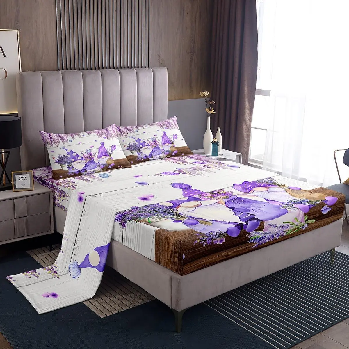 Cute Gnomes Sheet Set,Purple Vine Flower Butterfly Bed Sheet Set Deep Pocket Fitted Sheet + Flat Sheet,Lavender Bouquet Bedding Set