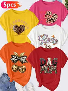 5Pcs Women's Crew Neck T-Shirts, Leopard Hearts, Cherries & Dog Mom Series Print, Multiple Colors Available, Machine Washable, Spring & Summer Tops, Soft Skin-Friendly Fabric, Daily Versatile, Fashion Design