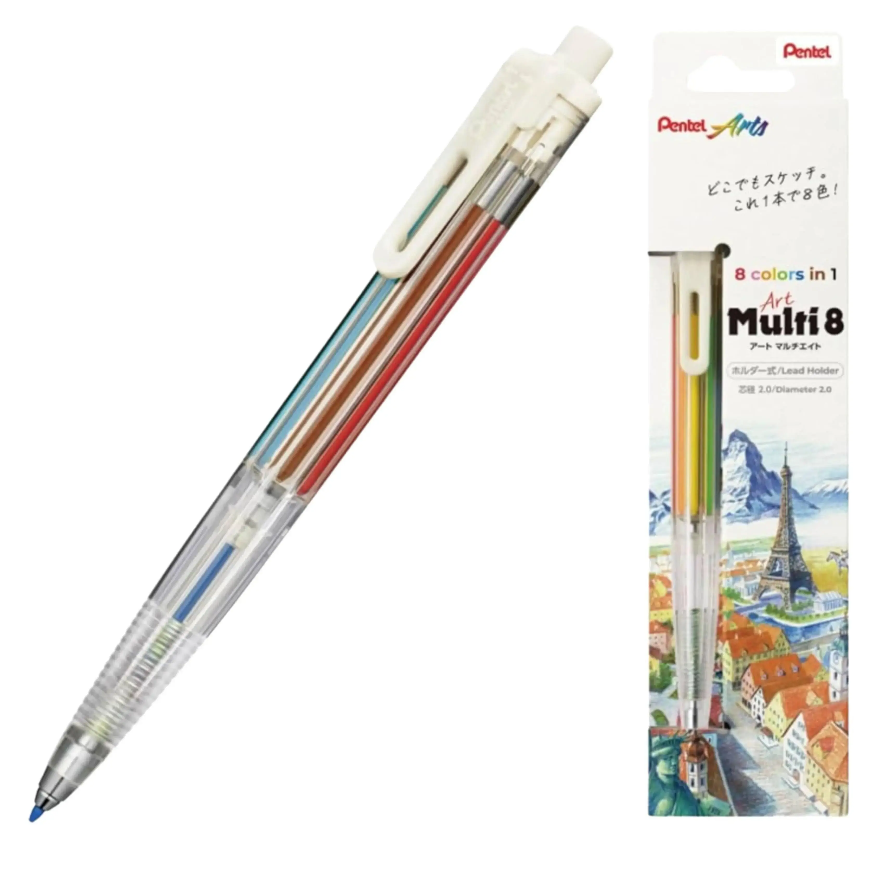 Pentel Colored Pencils Set - 8-Piece Mechanical Pencils, 8-in-1 Design, 2mm Lead Diameter, Multi-Design Office Stationery for Architects, Bullet Journal Enthusiasts