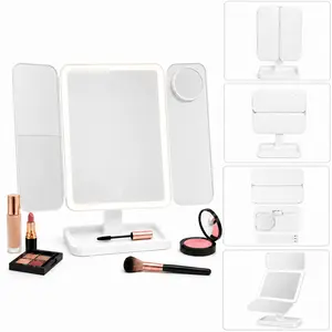 Portable LED Light Makeup Mirror 3-fold Foldable Rechargeable with 2x 3x & 10x Magnification Touch Control for Travel & Bedroom Use
