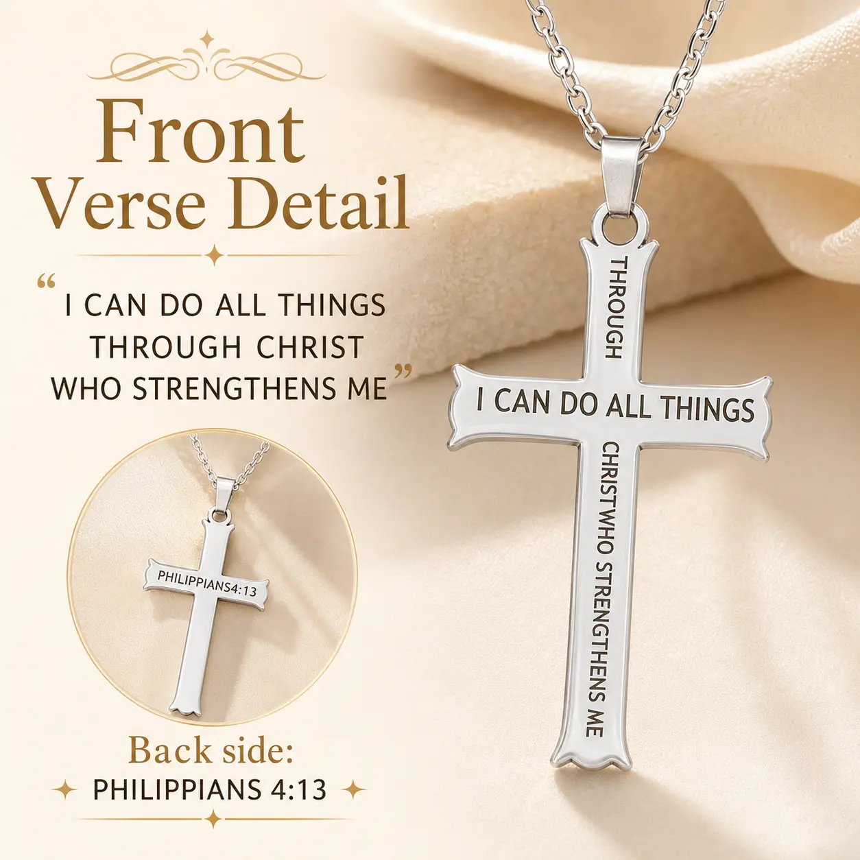 Philippians 4:13 Double-Sided Cross Necklace - Silver-Tone Scripture Pendant with "I Can Do All Things Through Christ" Engraving, Unisex Faith Jewelry Gift for Baptism, Daily Wear