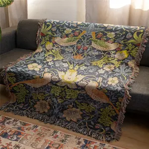 Flowers And Birds Pattern Bohemian Yarn Jacquard Woven Blanket with Tassel, Thick Soft Washable Cozy Throw Blanket, Used for Home Decor Sofa Chair Bed Tapestry Tablecloth Floor Garden Picnic Outdoor Camping