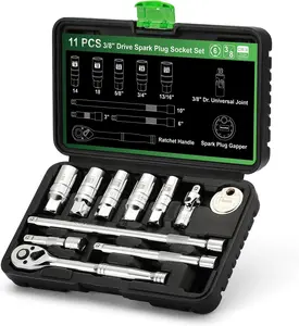 Spark Plug Socket Set 11PCS – TecoTek 3/8" Drive Ratchet Kit with Universal Joint, Extension Bars, Gapper & CR-V Sockets for Car Maintenance