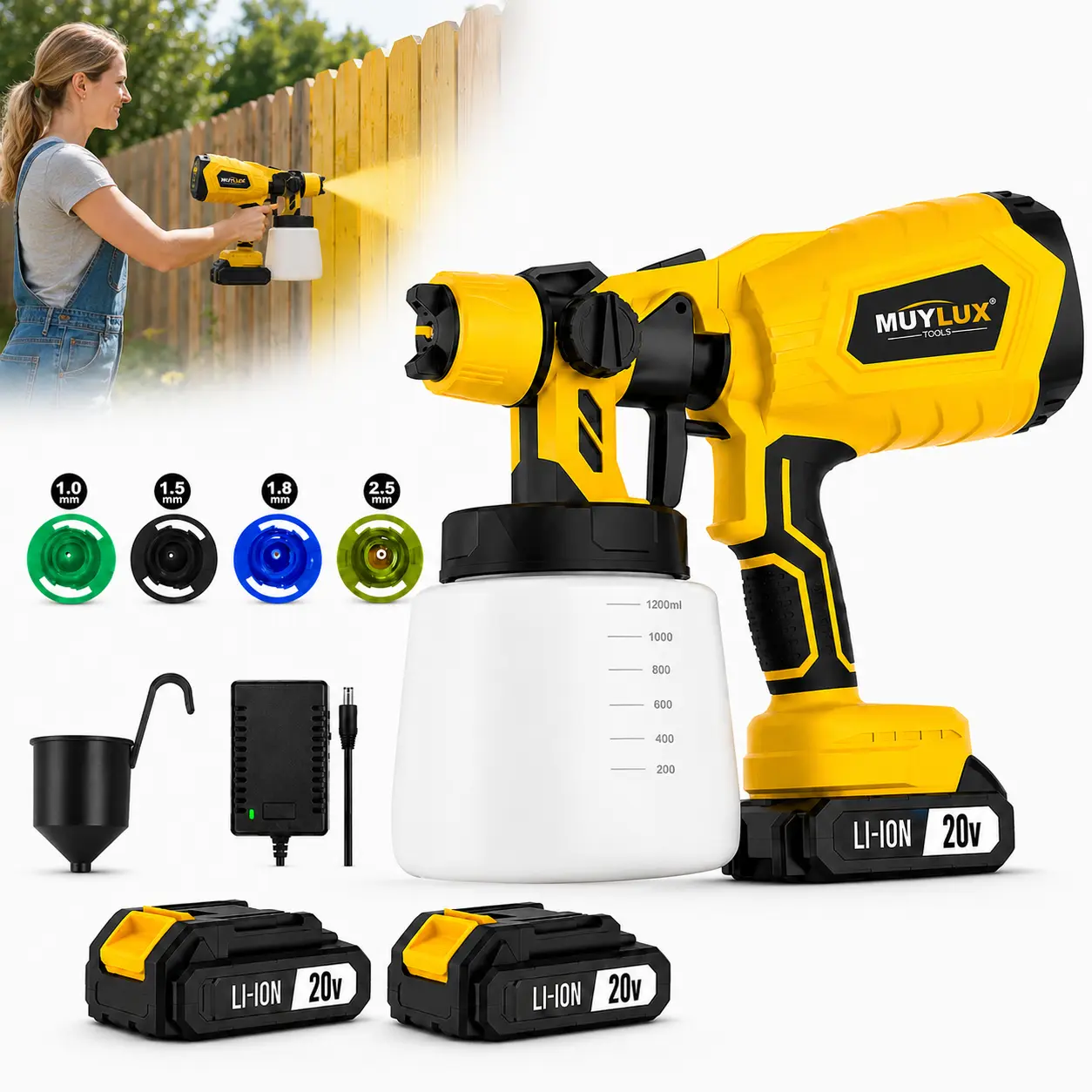 20V Cordless HVLP Handheld Paint Sprayer Gun - 20V Battery (2-Pack), 4 Nozzles, 1200ml Tank, Adjustable Spray Pattern, Easy-Clean Accessory, Spray Painting Tool for House Painting, Garage Doors, Fence Painting