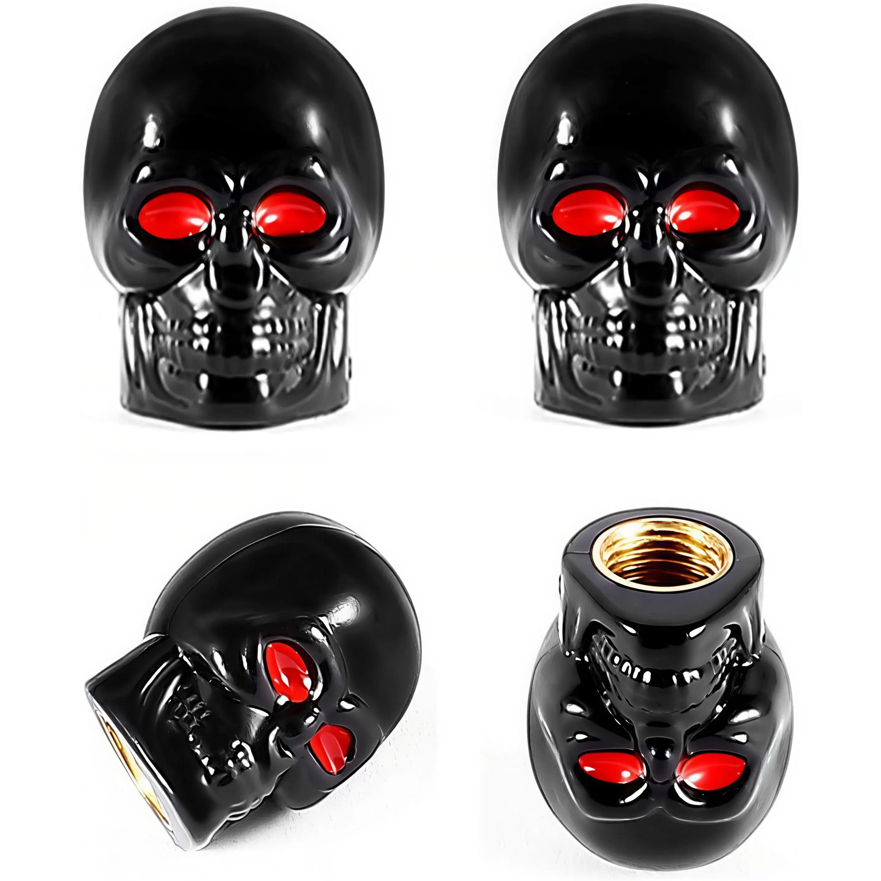 4-Pack Skull Shape Design Car Tire Caps - Black Metal with Copper Core, Leak-Proof Tubeless Valve Caps, Universal Auto Replacement Parts for Cars, Plastic & Rubber Tire Protection Accessories