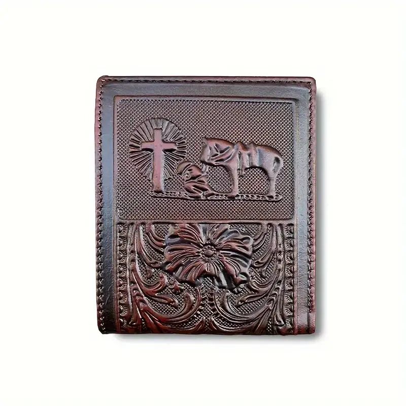 Men's Genuine Leather Wallet Western Cowboy Prayer Print Full Grain Leather Short Bifold Wallet Card Holder, Perfect Gift for Husband Boyfriend