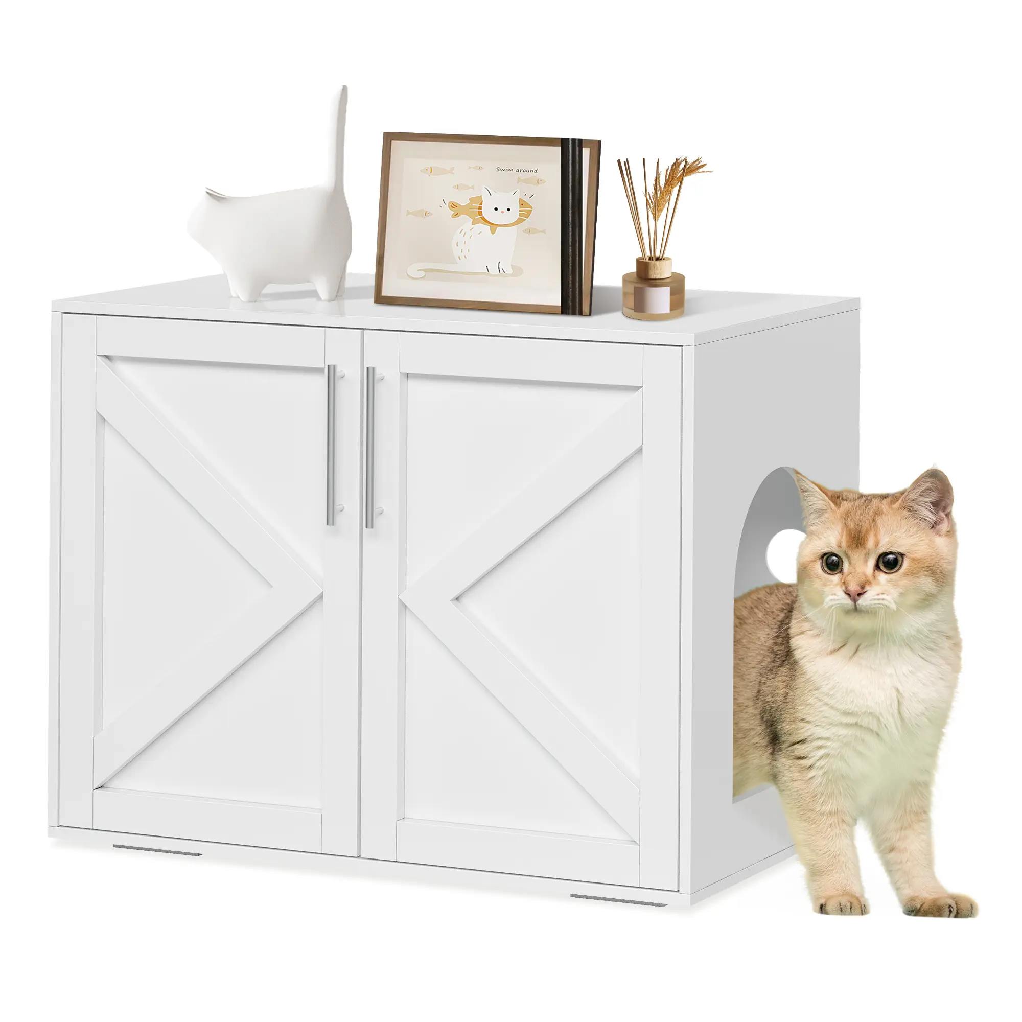 Spacious Cat Litter Box Enclosure Furniture – Multi-Functional Wooden Cat Washroom Cabinet with Barn Doors – Ventilated, Easy Access, End Table Design – Fits Most Litter Boxes – Indoor Use