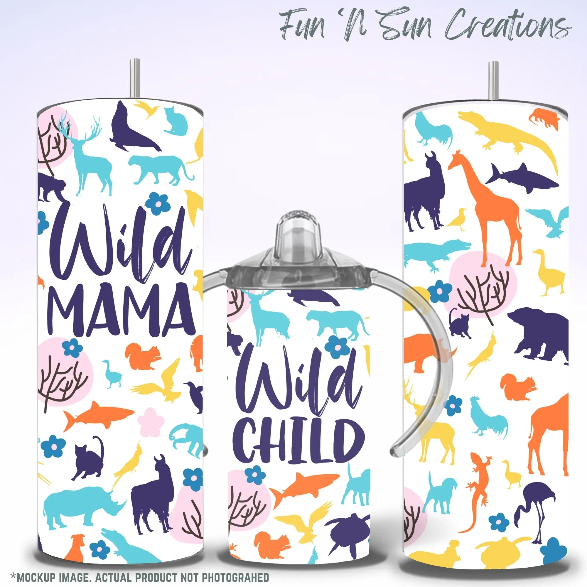 Wild Mama Wild Child Sippy Cup Tumbler - 20oz Adult or 12oz Kids Cup with Lid and Straw - Jungle Animal Matching Drinkware - Fun Mom and Me Gift, Drinkware
