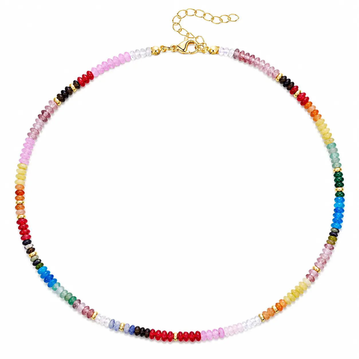14K Gold Plated Colorful Natural Stone Beaded Necklace for Women, 4mm Rainbow Gemstone Choker, Adjustable 16"+2" Layering Necklace, Summer Beach Jewelry Gift