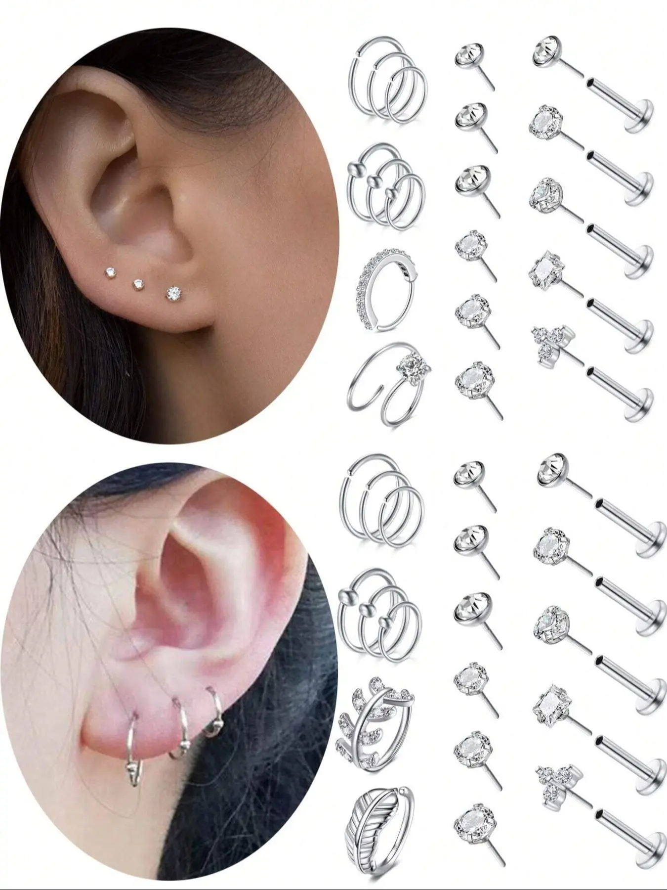 Stainless Steel Earrings Set, Push in Flat Back Earrings, Lip Staples Nose Rings, Nostril Piercing Men Women Spiral Piercing Jewelry, Body Piercing Jewelry, Chic Body Jewelry