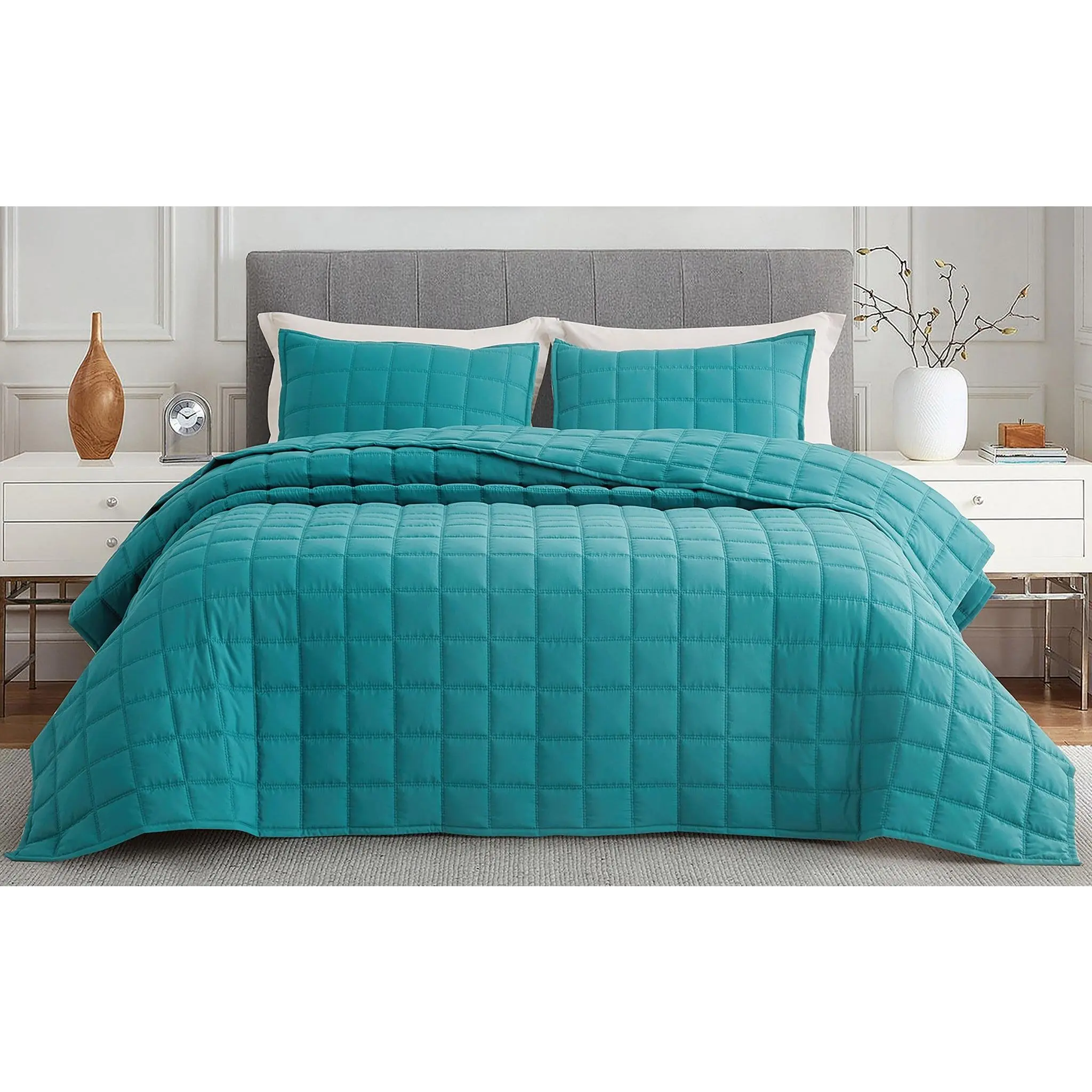 CHEZMOI COLLECTION Cosmo Tencel Modal Blend Square Stitched Quilt Set - 3-Piece Queen/King Size Quilt & Shams Set for All-Season Comfort