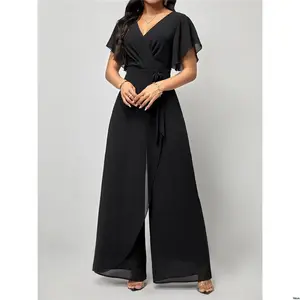 Women’s jumpsuit with a side knot, wrap buckle, butterfly sleeves, and wide legs