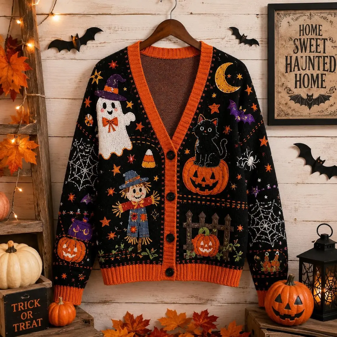 Halloween Cardigan, Pumpkin Knit Cardigan, womens large sleeveless cardigan, Skeleton Pumpkin Ghost Halloween Sweatshirt