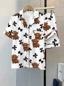 Women's Sleepwear 2-Piece Set, Pajama Set, Highland Cow Bow, Comfortable Night Home Wear, Fashion Soft Fabric, Casual Daily Use