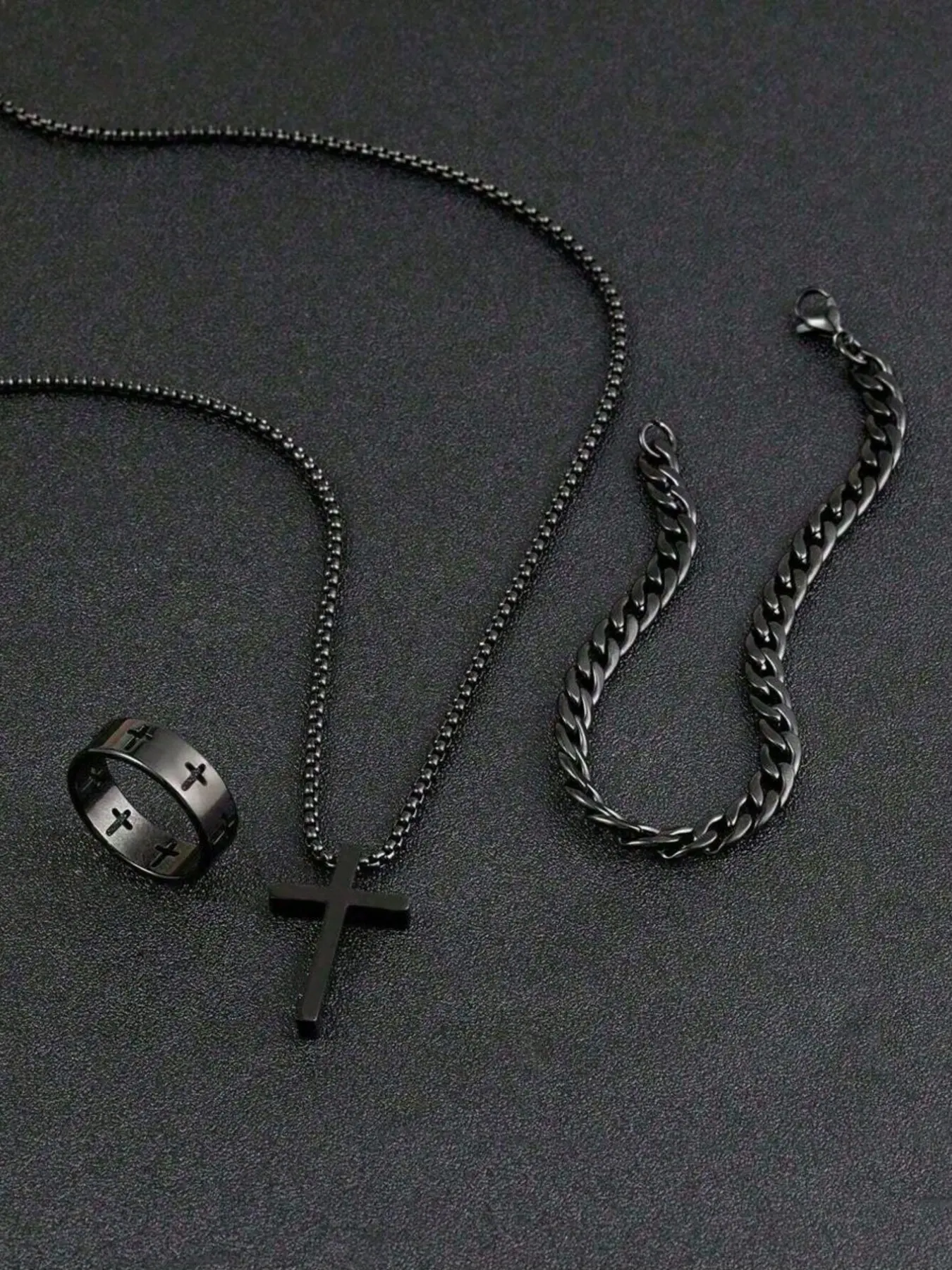 Teen Fashion Versatile Stainless Steel Jewelry Complete Set, Cross Necklace, Bracelet & Ring, Ideal Gift Choice, Durable Design, Versatile Wear, Jewelry Sets