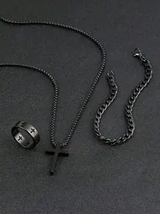 Teen Fashion Versatile Stainless Steel Jewelry Set, Cross Necklace, Bracelet & Ring, Ideal Gift Choice, Durable Design