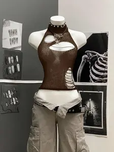 StreetHx Women's Streetwear Solid Black Hollow Out Crochet Sleeveless Knit Top