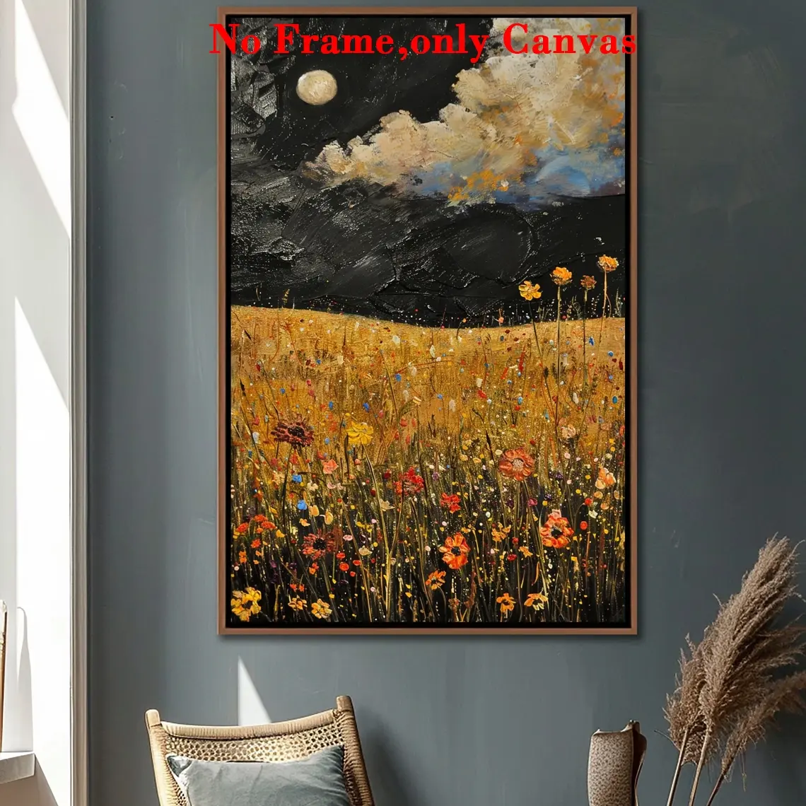 1 PC, wall art, vintage Landscape poster, wildflower field framed wall decor, abstract night sky and moon decor, vintage floral oil painting, country farmhouse living room oil painting print, bedroom decor, living room decor, unframed