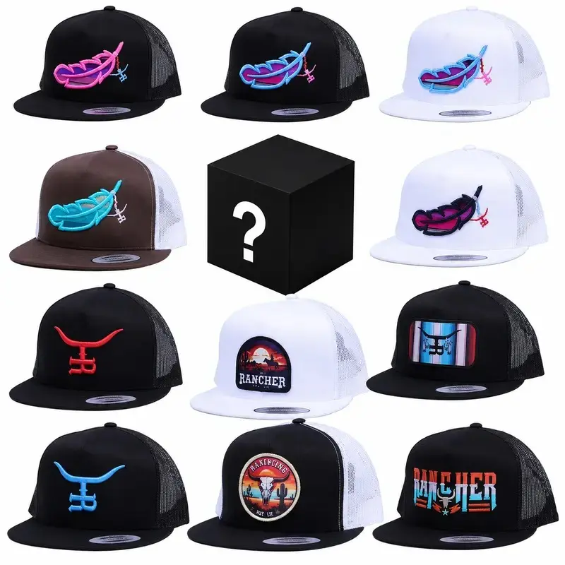 Mystery One Hunting 7 Panel Hat Sent , Feathered Outlaw - The Rancher Hat Collection Brown/Turquoise Feather, Embroidered hat, Snapback, Mesh hat