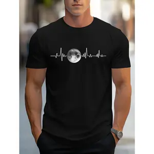 [ Cotton] Men's Casual Planet Print T-Shirt - Soft Polyester Blend, Stretchy & Machine Washable, Crew Neck, Summer Fashion  Golf Gift T-Shirt For Men and WomenFor your toay's outfit