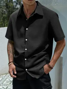 Men's Solid Short Sleeve Button Up Shirt, Regular Fit Casual Comfy Top for Summer, Men's Clothes for Daily Wear, Casual Stylish Menswear