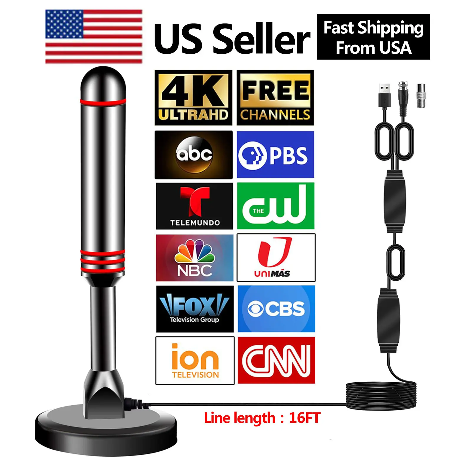 35–250  Mile Ultra-Long Range Digital TV Antenna, Digital Antenna Double Amplifier Signal Booster, Support 4K 1080p Smart Television - 16ft Coaxial HDTV Cable, Smart TV Free Local Channels