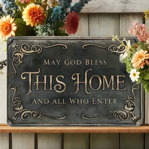 1PC Sturdy Rectangle Iron Metal Religious Wall Plaque & Sign - "May God Bless This Home" Faith-Based Decor, 8x12 in/11.81x7.87 inch/20x30cm Christmas Living Room Accent