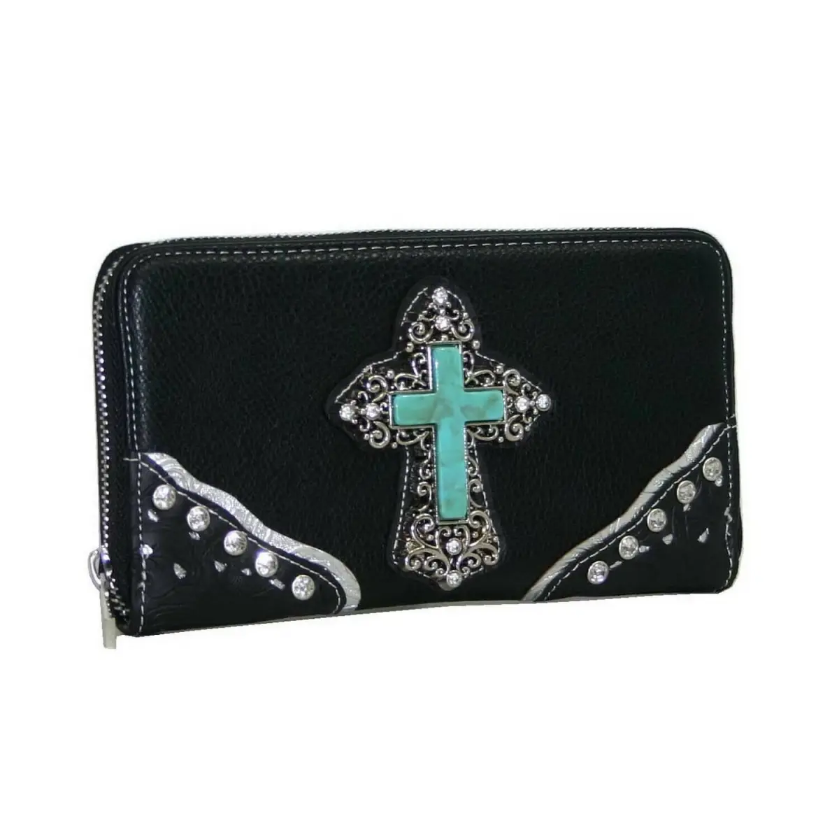 212 MAIN Women's Black Leather Rodeo Wallet - Western Scratch-Resistant Double Zipper Zip-Around Rhinestone Cross, Zipper Wallet, Coin Purse, Western Accessories for Rodeo Use
