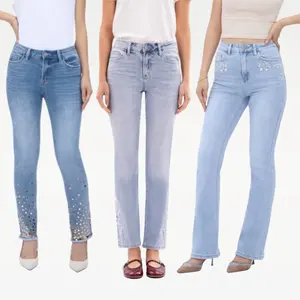 Vogatiques BlueMoment Stretchy Jeans Mid Rise High Rise Bootcut Skinny Straight Leg Denim Pants Floral Embroidery Sequin Hem Tummy Control BBL