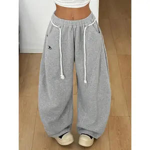 Women's Streetwear Back To School Preppy Casual Warm Comfortable French Grey Elastic Waistband Curved Hem Pants Wide Leg Sweatpants Comfy Pants Gray Sweatpants