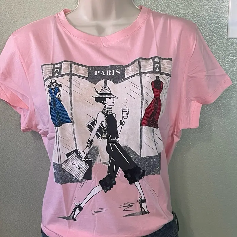 Vinizbena   Paris Fashion Lady Rhinestones  Women’s Pink  Cotton T-Shirt