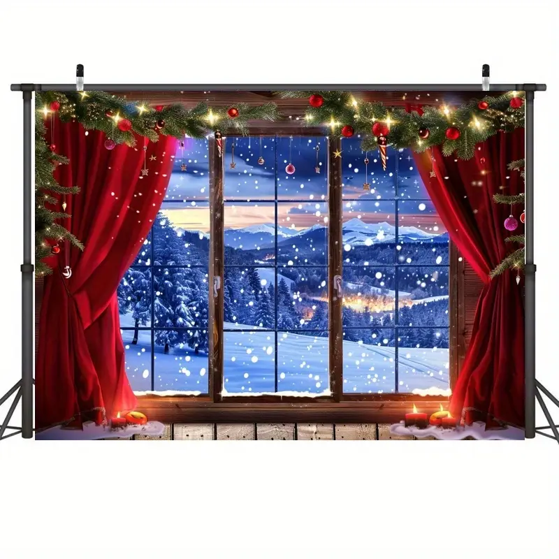 1pc Polyester Christmas Backdrop, Winter Wonderland Snowy Window with Red Curtains & Christmas Lights, Festive Photo Backdrop for Holiday Party Photo Shoots, Party Decoration Supplies, Banner, Backdrop Picture